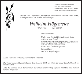 Traueranzeige von Wilhelm Högemeier von KREISZEITUNG SYKE