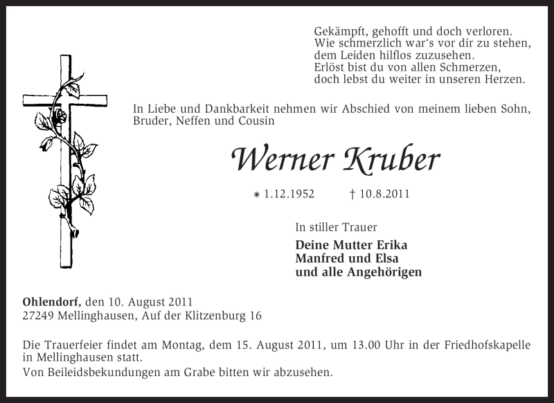  Traueranzeige für Werner Kruber vom 12.08.2011 aus KREISZEITUNG SYKE