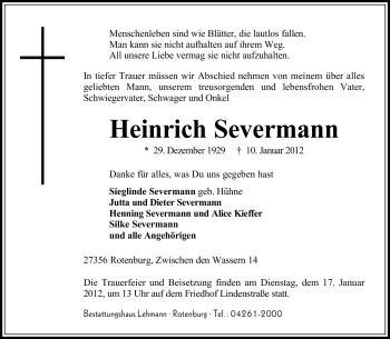Traueranzeige von Heinrich Severmann von KREISZEITUNG SYKE