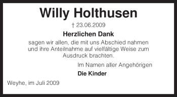 Traueranzeige von Willy Holthusen von KREISZEITUNG SYKE