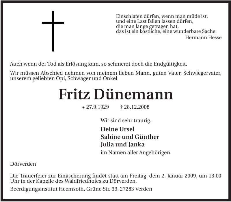  Traueranzeige für Fritz Dünemann vom 31.12.2008 aus KREISZEITUNG SYKE