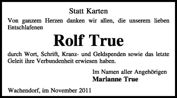 Traueranzeige von Rolf True von KREISZEITUNG SYKE