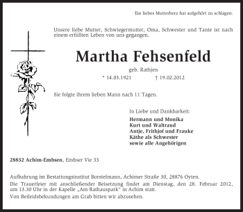 Traueranzeige von Martha Fehsenfeld von KREISZEITUNG SYKE