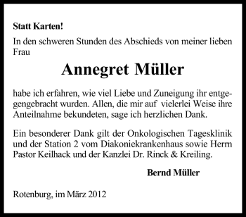 Traueranzeige von Annegret Müller von KREISZEITUNG SYKE