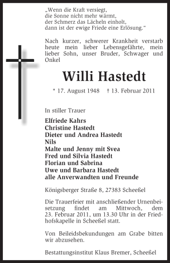 Traueranzeige von Willi Hastedt von KREISZEITUNG SYKE