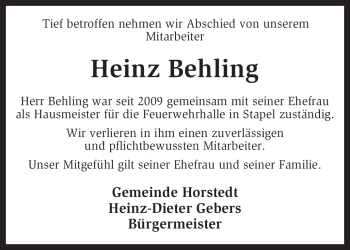 Traueranzeige von Heinz Behling von KREISZEITUNG SYKE