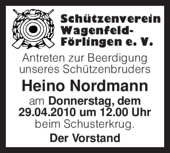 Traueranzeige von Heino Nordmann von KREISZEITUNG SYKE