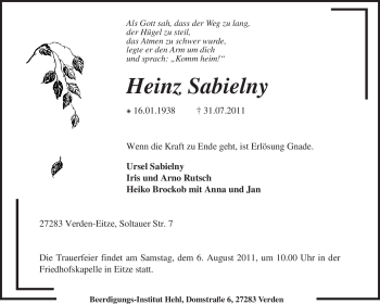 Traueranzeige von Heinz Sabielny von KREISZEITUNG SYKE