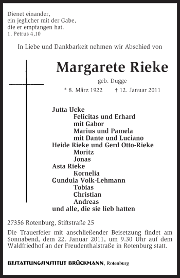 Traueranzeige von Margarete Ricke von KREISZEITUNG SYKE