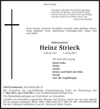 Traueranzeige von Heinz Strieck von KRZ