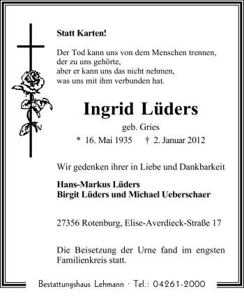 Traueranzeige von Ingrid Lüders von KREISZEITUNG SYKE