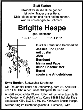 Traueranzeige von Brigitte Hespe von KREISZEITUNG SYKE