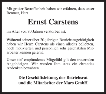 Traueranzeige von Ernst Carstens von KREISZEITUNG SYKE