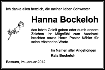 Traueranzeige von Hanna Bockeloh von KREISZEITUNG SYKE