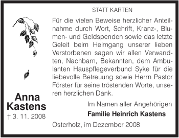 Traueranzeige von Anna Kastens von KREISZEITUNG SYKE