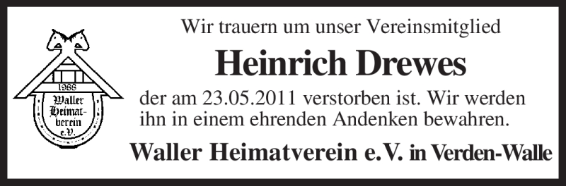  Traueranzeige für Heinrich Drewes vom 26.05.2011 aus KREISZEITUNG SYKE