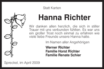 Traueranzeige von Hanna Richter von KREISZEITUNG SYKE