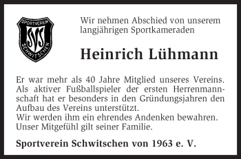 Traueranzeige von Heinrich Lühmann von KREISZEITUNG SYKE