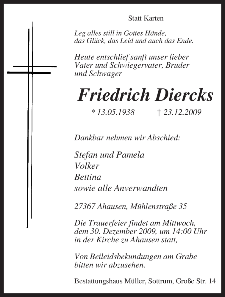  Traueranzeige für Friedrich Diercks vom 28.12.2009 aus KREISZEITUNG SYKE