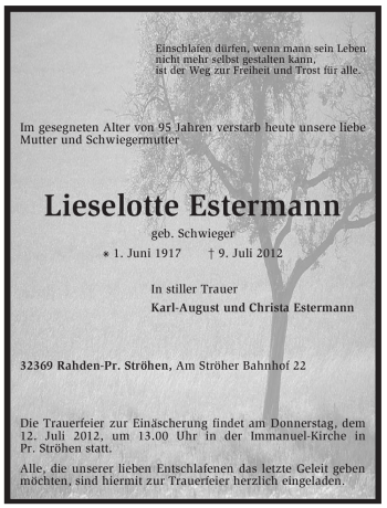 Traueranzeige von Lieselotte Estermann von KREISZEITUNG SYKE