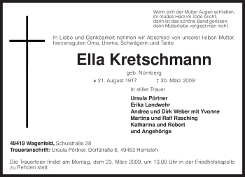 Traueranzeige von Ella Kretschmann von KREISZEITUNG SYKE