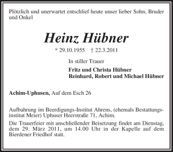 Traueranzeige von Heinz Hübner von KREISZEITUNG SYKE