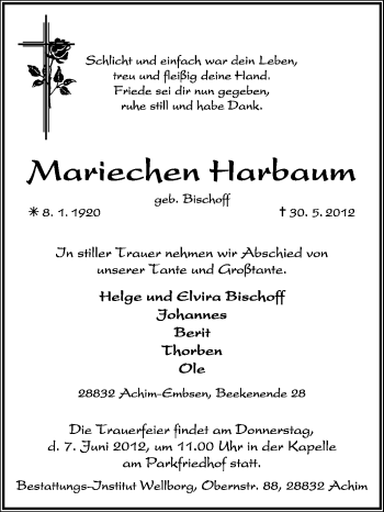 Traueranzeige von Mariechen Harbaum von KREISZEITUNG SYKE