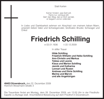 Traueranzeige von Friedrich Schilling von KREISZEITUNG SYKE