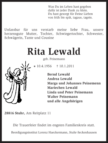 Traueranzeige von Rita Lewald von KREISZEITUNG SYKE