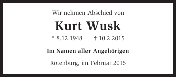 Traueranzeige von Kurt Wusk von KRZ