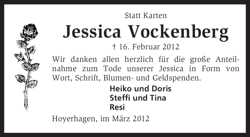 Traueranzeige für Jessica Vockenberg vom 31.03.2012 aus KREISZEITUNG SYKE