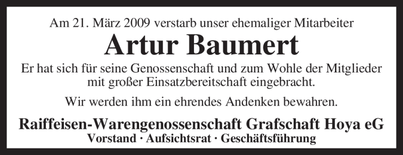  Traueranzeige für Artur Baumert vom 27.03.2009 aus KREISZEITUNG SYKE