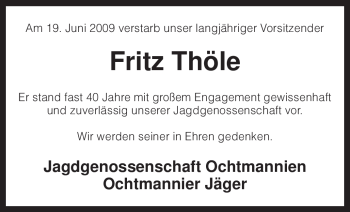 Traueranzeige von Fritz Thöle von KREISZEITUNG SYKE