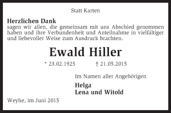 Traueranzeige von Ewald Hiller von KRZ