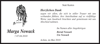 Traueranzeige von Marga Nowack von KREISZEITUNG SYKE