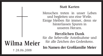 Traueranzeige von Wilma Meier von KREISZEITUNG SYKE