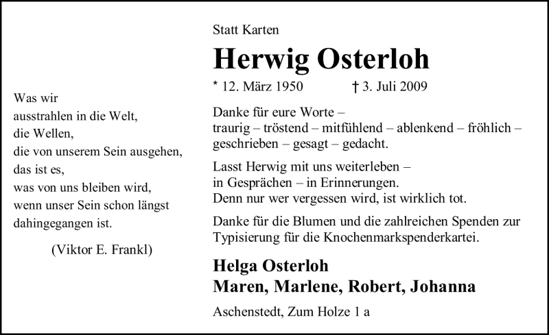  Traueranzeige für Herwig Osterloh vom 08.08.2009 aus KREISZEITUNG SYKE