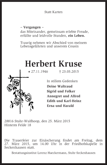 Traueranzeige von Herbert Kruse von KRZ