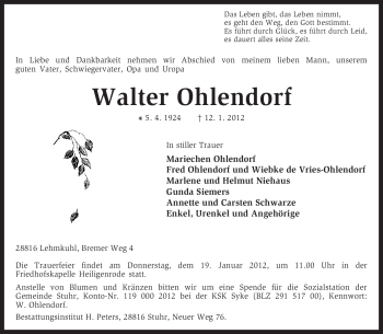 Traueranzeige von Walter Ohlendorf von KREISZEITUNG SYKE