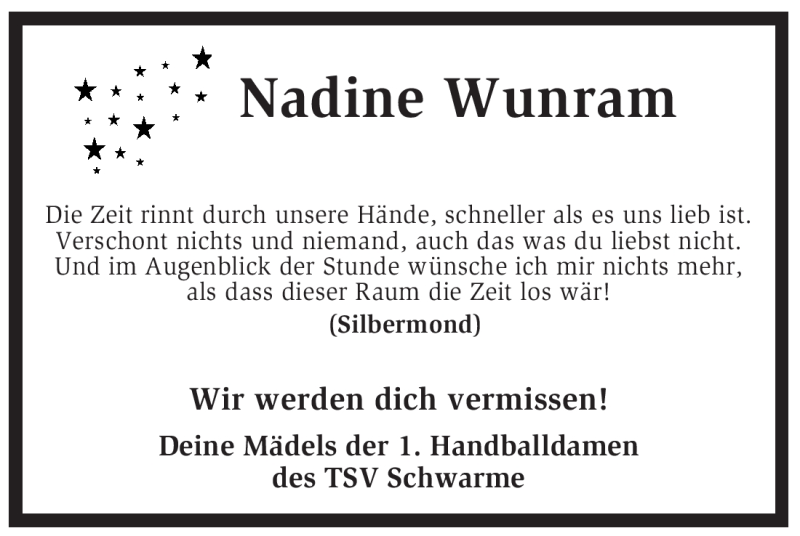  Traueranzeige für Nadine Wunram vom 19.05.2012 aus KREISZEITUNG SYKE