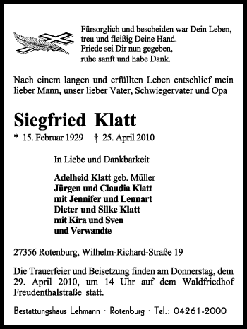 Traueranzeige von Siegfried Klatt von KREISZEITUNG SYKE