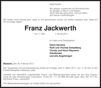 Traueranzeige von Franz Jackwerth von KREISZEITUNG SYKE