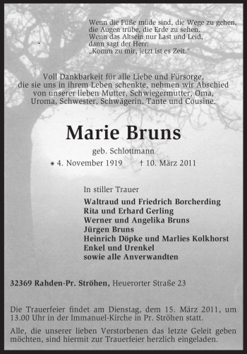 Traueranzeige von Marie Bruns von KREISZEITUNG SYKE