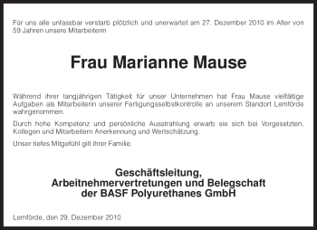 Traueranzeige von Marianne Mause von KREISZEITUNG SYKE