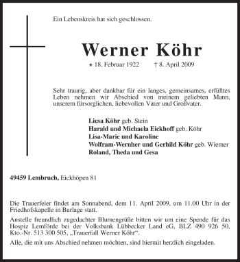 Traueranzeige von Werner Köhr von KREISZEITUNG SYKE