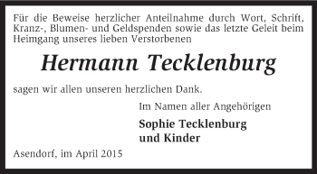 Traueranzeige von Hermann Tecklenburg von KRZ