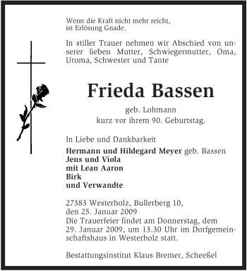 Traueranzeige von Frieda Bassen von KREISZEITUNG SYKE