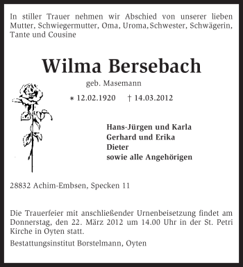 Traueranzeige von Wilma Bersebach von KREISZEITUNG SYKE