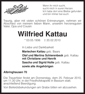 Traueranzeige von Wilfried Kattau von KREISZEITUNG SYKE