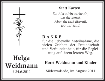 Traueranzeige von Helga Weidmann von KREISZEITUNG SYKE